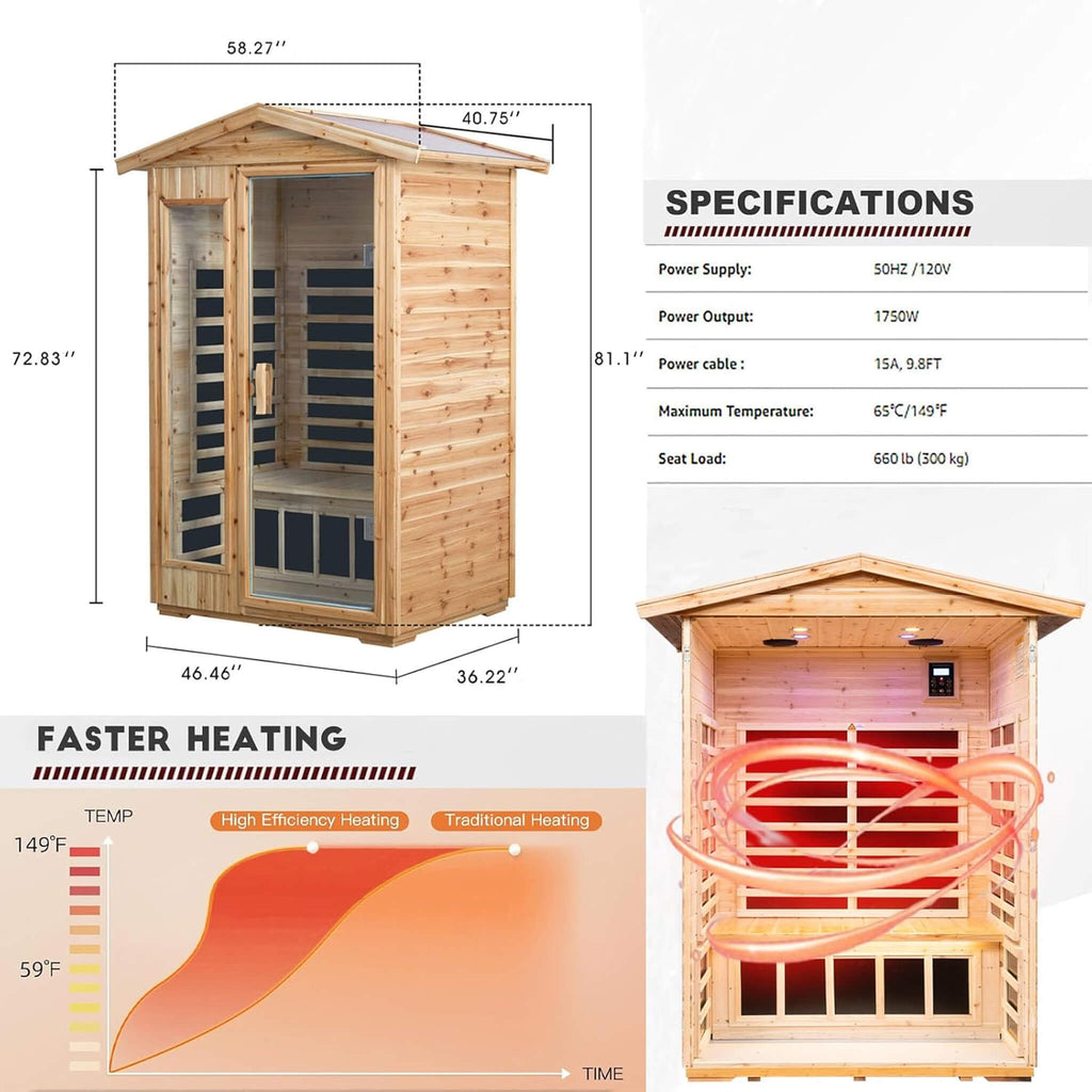 Premium 2-Person Indoor Outdoor Low EMF FAR-Infrared Hemlock Wood Personal Home Sauna Spa, 1750W (SAK27451)