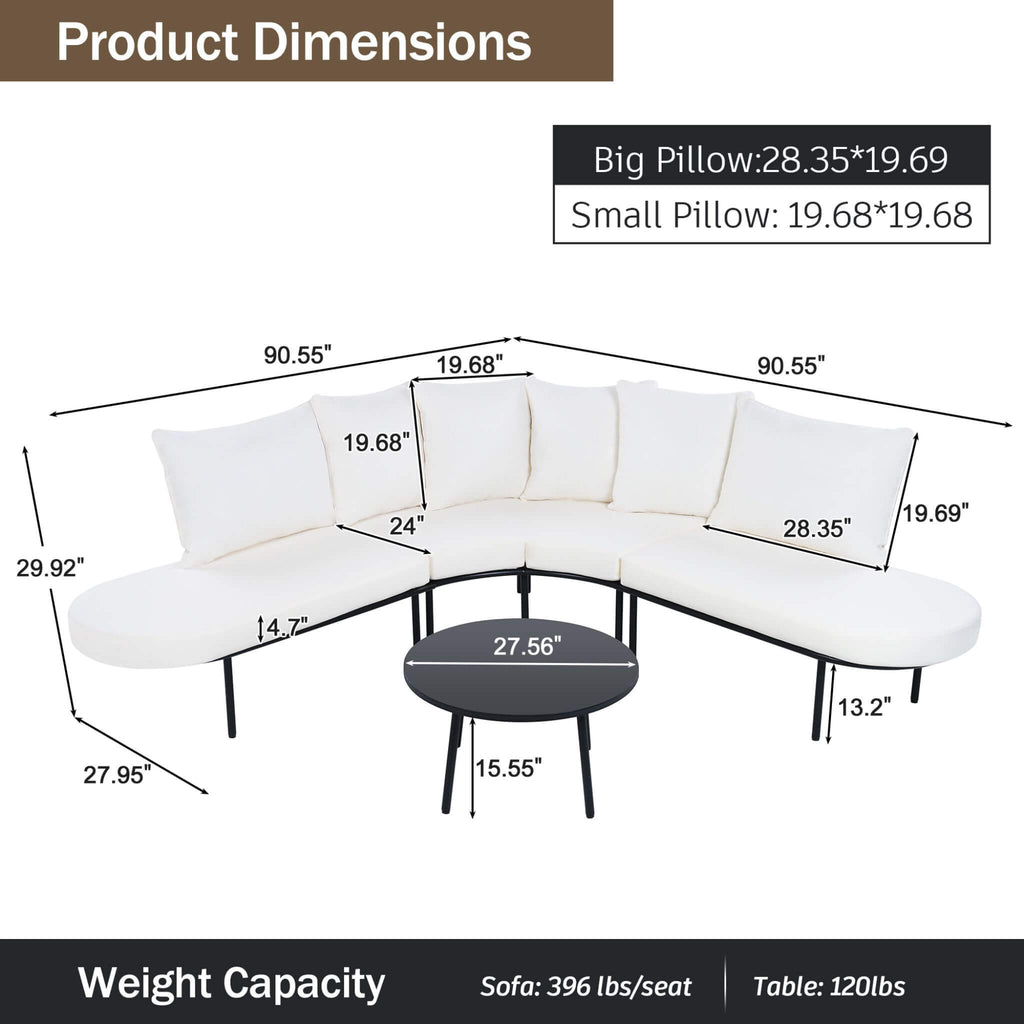 Premium Half- Moon 6-Person Curved All-Weather Outdoor Furniture Sofa Patio Set With Coffee Table And Cushions (SAK76332) - Saksby Wholesale - Dimensions