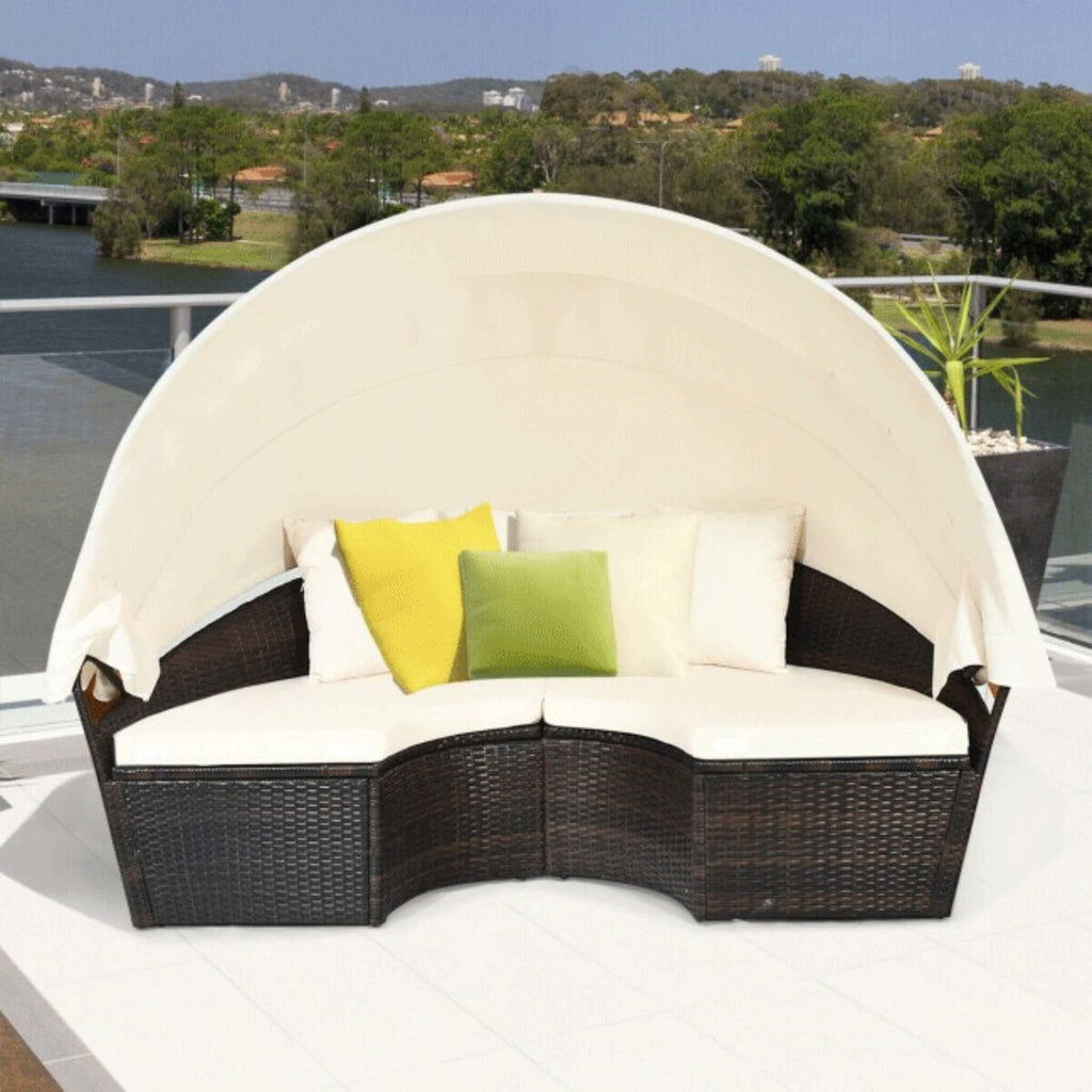 Premium Round Outdoor Patio Rattan Daybed W/ Canopy & Table, 76" (SAK96418) - Saksby Wholesale - Lifestyle View