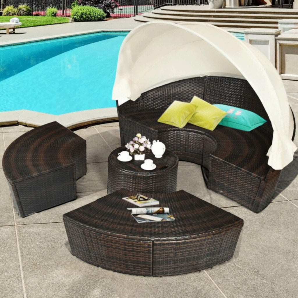 Premium Round Outdoor Patio Rattan Daybed W/ Canopy & Table, 76" (SAK96418) - Saksby Wholesale - Full Lifestyle View