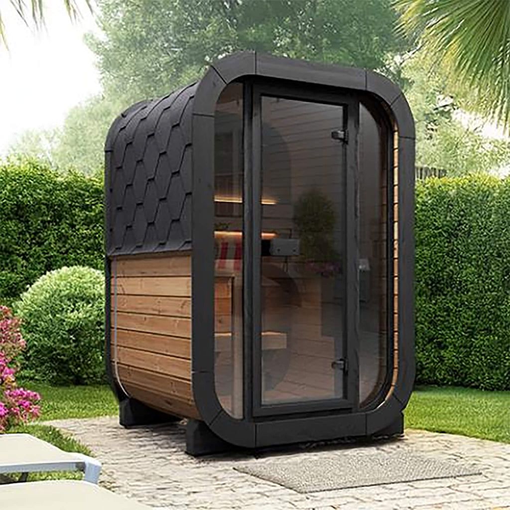 SaunaLife Model CL3G Cube Series Outdoor 2-Person Home Sauna Kit - Front-Right View in Backyard