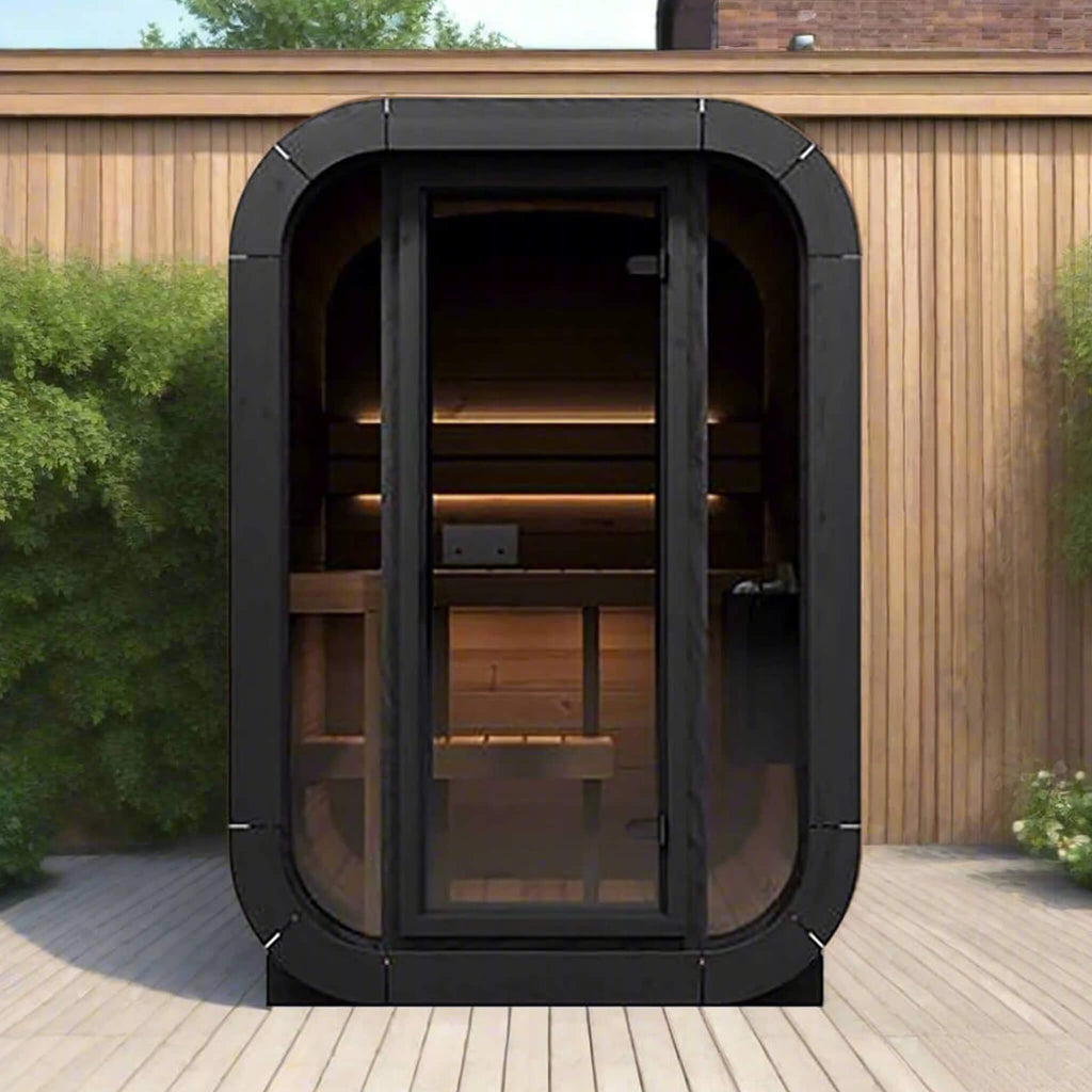 SaunaLife Model CL3G Cube Series Outdoor 2-Person Home Sauna Kit - Front View in Backyard