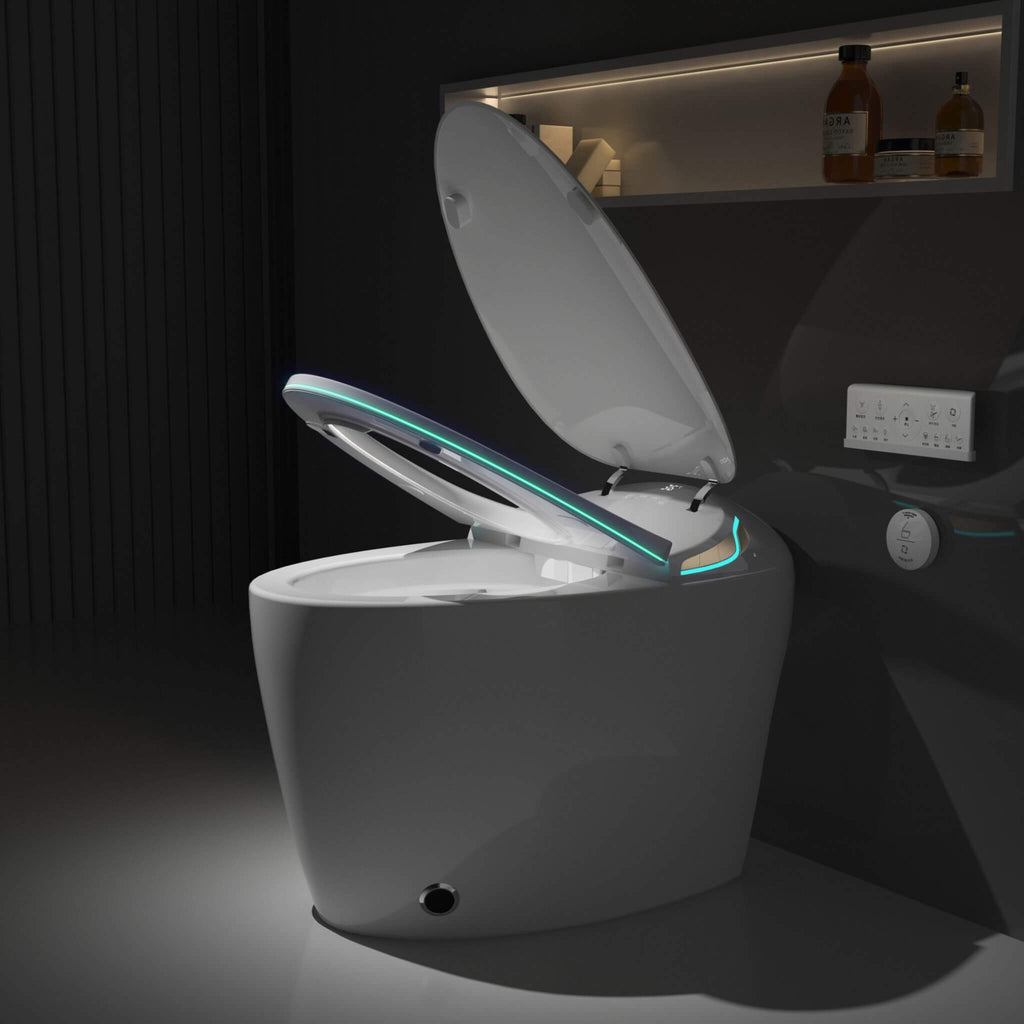 Smart One-Piece Toilet With Bidet, Foot Sensor, LED Display And Dryer (SAK80112) - Saksby Wholesale - Open Lid Lifestyle