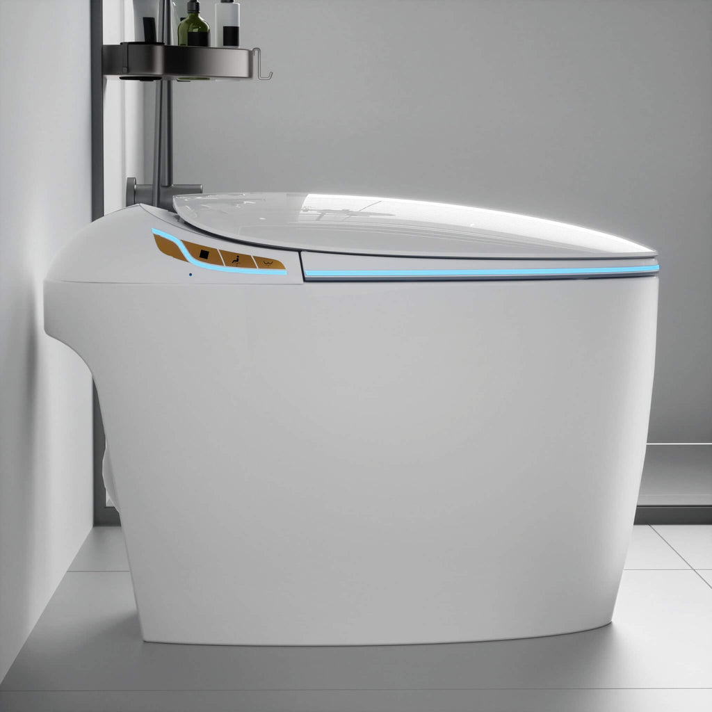 Smart One-Piece Toilet With Bidet, Foot Sensor, LED Display And Dryer (SAK80112) - Saksby Wholesale - Side VIew Open Light Lifestyle