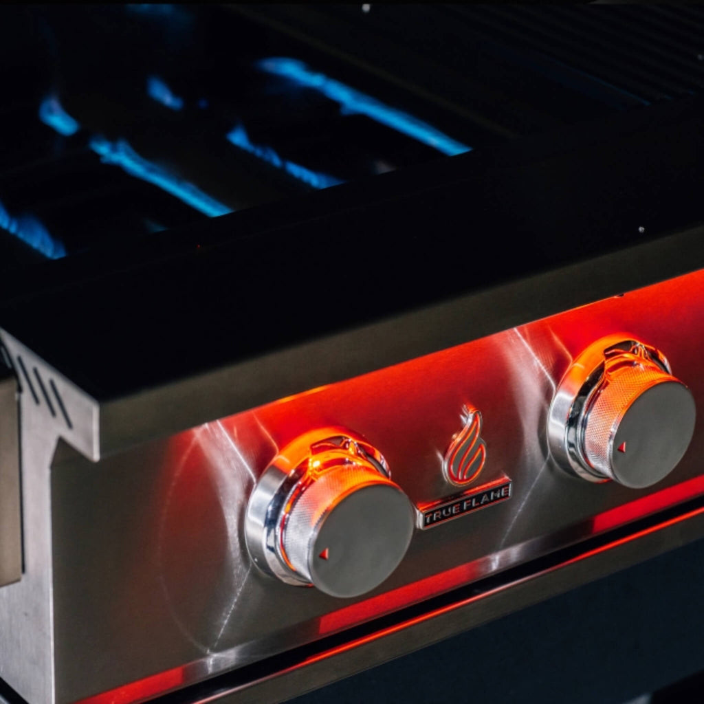 TRUEFLAME Built In Gas Stainless Steel Grill With 3 To 5  Built In Burners (SAK30587) SAKSBY - Knobs and Flames View