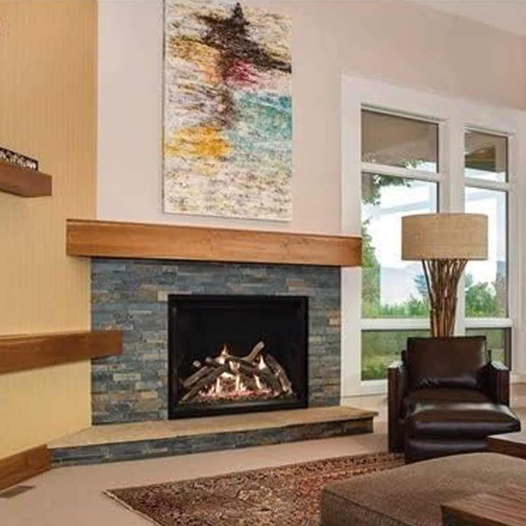 A Natural Gas Direct Vent Fireplace With A Clean Face Design, Featuring A Glowing Ember Bed And Vivid Flames, Installed In A Living Room Setting With A Painting On The Wall Above It.