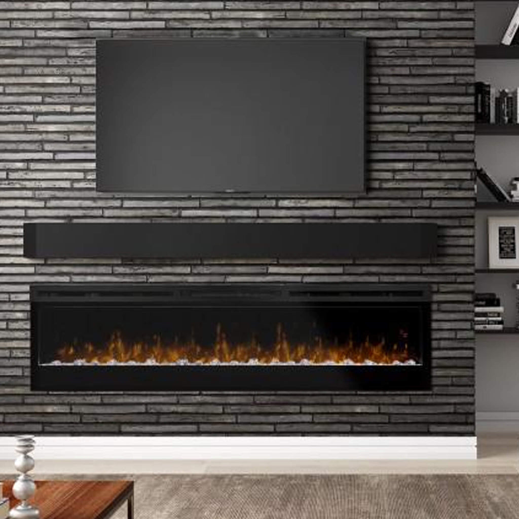 A Contemporary Linear Electric Wall Mount Fireplace With A Black Surround And Visible Led Flames, Mounted On A Brick Wall With A Flat-screen TV Above It.