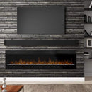 A Contemporary Linear Electric Wall Mount Fireplace With A Black Surround And Visible Led Flames, Mounted On A Brick Wall With A Flat-screen TV Above It.