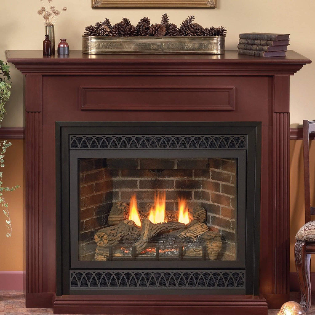 A Tahoe 42" Deluxe Natural Gas Fireplace By White Mountain Hearth With A Visible Flame, Set Within A Home Environment.