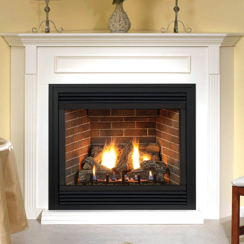 A Propane Gas Direct Vent Premium Fireplace With A Visible Flame, Set Within A White Mantel Against A Room Setting.