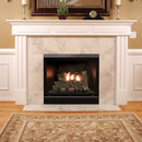 A Tahoe Clean-face Deluxe 32" Fireplace With Visible Flames And A Hand-painted Ceramic Fiber Log Set, Housed Within A White Mantel, Set Against A Room With Wooden Flooring And A Patterned Rug.
