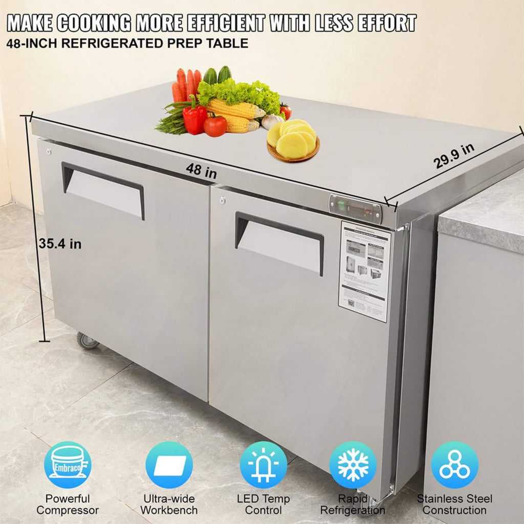 12.9 Cu.Ft 2 Door Commercial Stainless Steel Worktop Undercounter Refrigerator, 48" (SAK13725) - Saksby Wholesale - Dimensions View