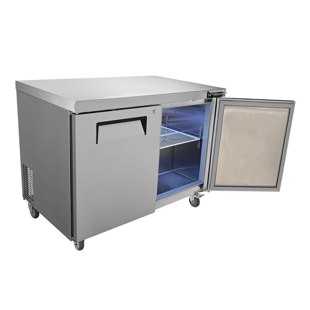 12.9 Cu.Ft 2 Door Commercial Stainless Steel Worktop Undercounter Refrigerator, 48" (SAK13725) - Saksby Wholesale - One Open Door View