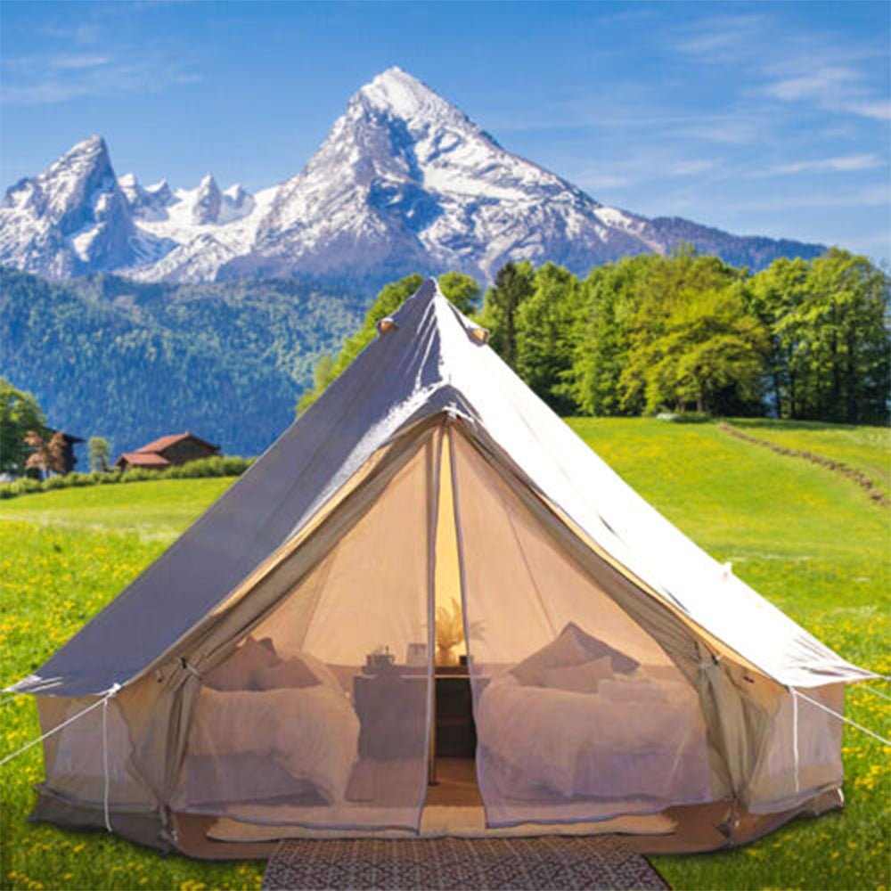 13FT Outdoor Glamping Yurt Teepee Canvas Camping Bell Family Waterproof Tent W/ Stove Jack - SAKSBY.com -Front View