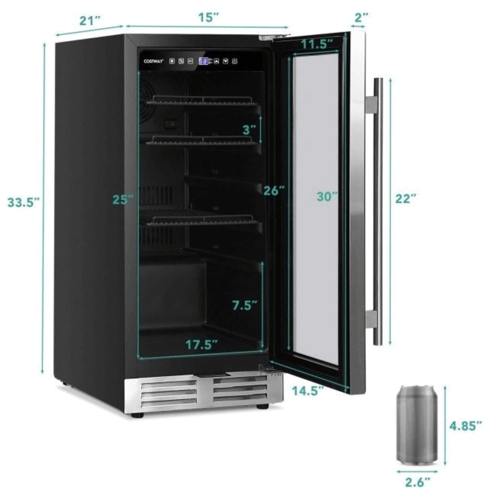 Costway 15'' Tall Built-In Freestanding Beverage Cooler Refrigerator, 100 Cans (SAK77654) - Saksby Wholesale - Product Dimensions