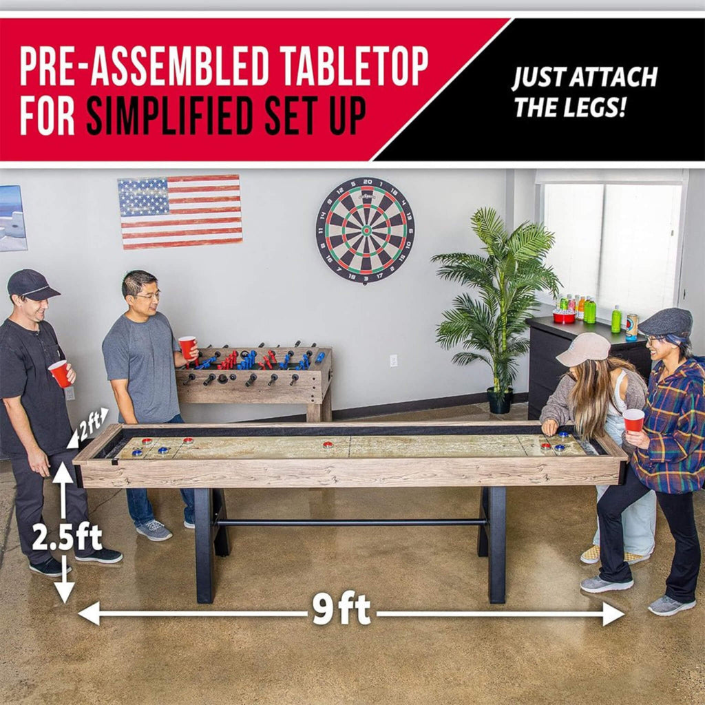 Gosports Premium Shuffleboard Table Set For Game Rooms With Pucks, Wax, And Brush, 9FT (SAK75134) - Saksby Wholesale - Dimension View