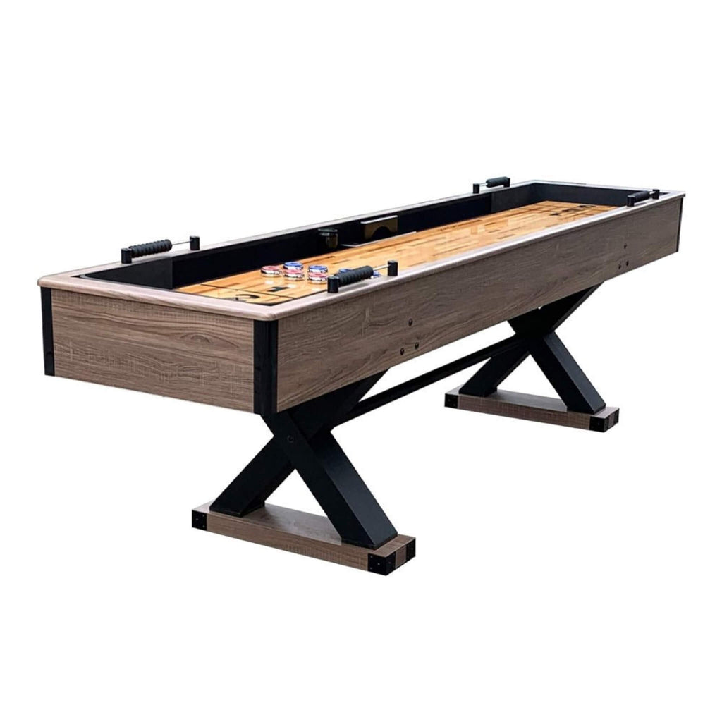 Hathaway Excalibur Rustic Shuffleboard Table With Leg Levelers, 9FT (SAK47512) - Saksby Wholesale - Front Left Side View