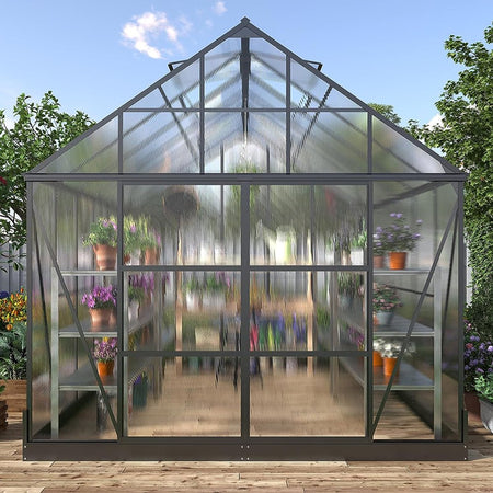 Heavy Duty Outdoor Walk-In Polycarbonate Patio Greenhouse With Sliding Doors & Vents, 12x10x10FT Front View