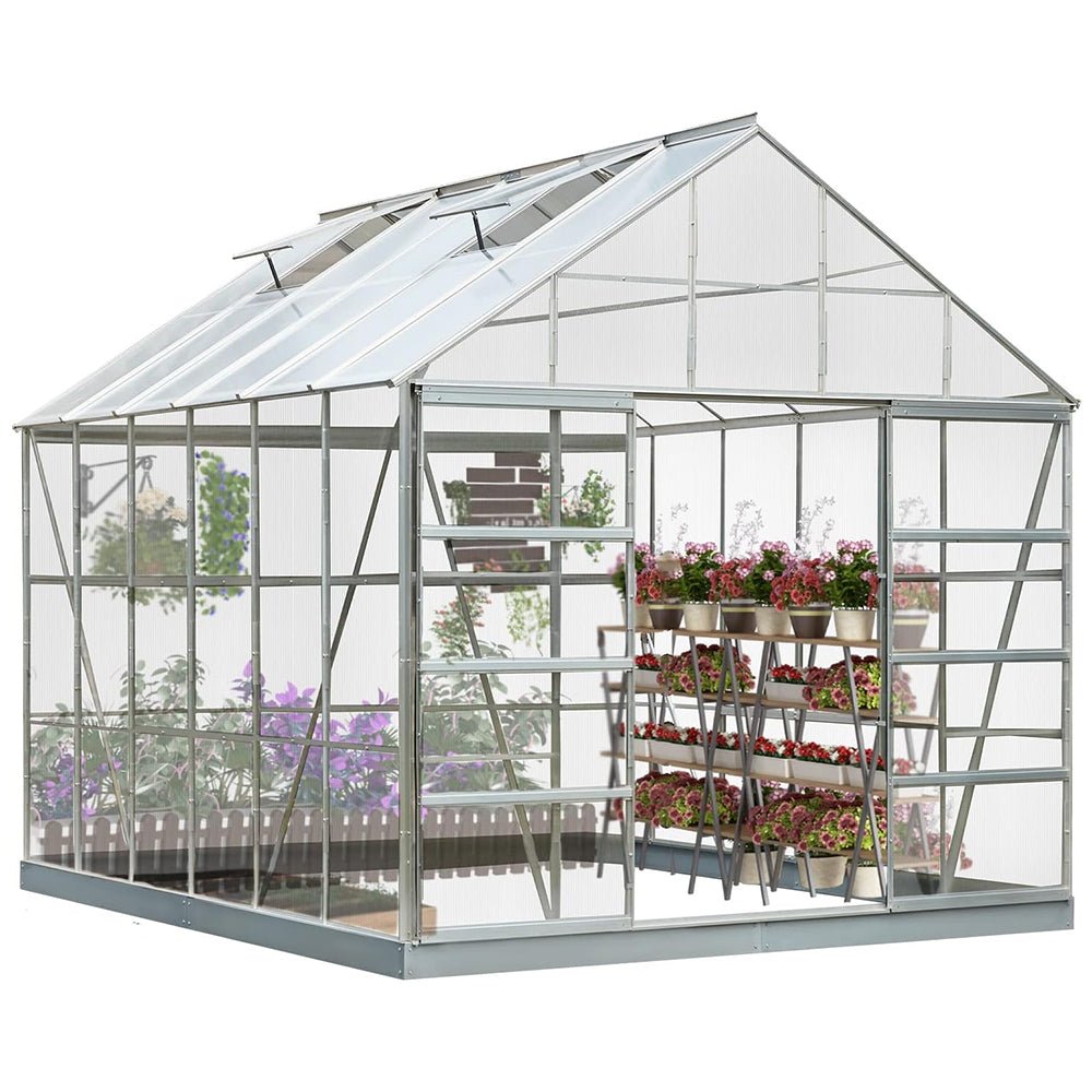 Large Heavy Duty Outdoor Walk-In Polycarbonate Aluminum Frame Greenhouse W/ Adjustable Vents & Sliding Doors, Side View