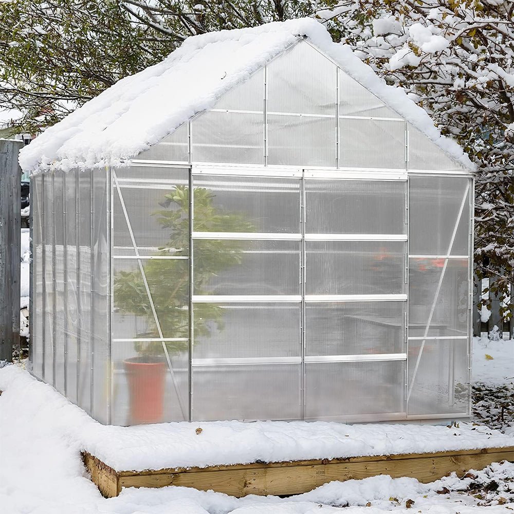 Large Heavy Duty Outdoor Walk-In Polycarbonate Aluminum Frame Greenhouse W/ Adjustable Vents & Sliding Doors, Side View