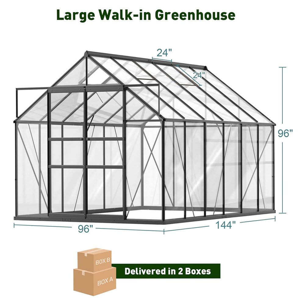 Large Heavy Duty Outdoor Walk-In Polycarbonate Greenhouse Kit With Adjustable Vents And Sliding Doors, 12x8FT (95736851) - SAKSBY.com - Greenhouses - SAKSBY.com
