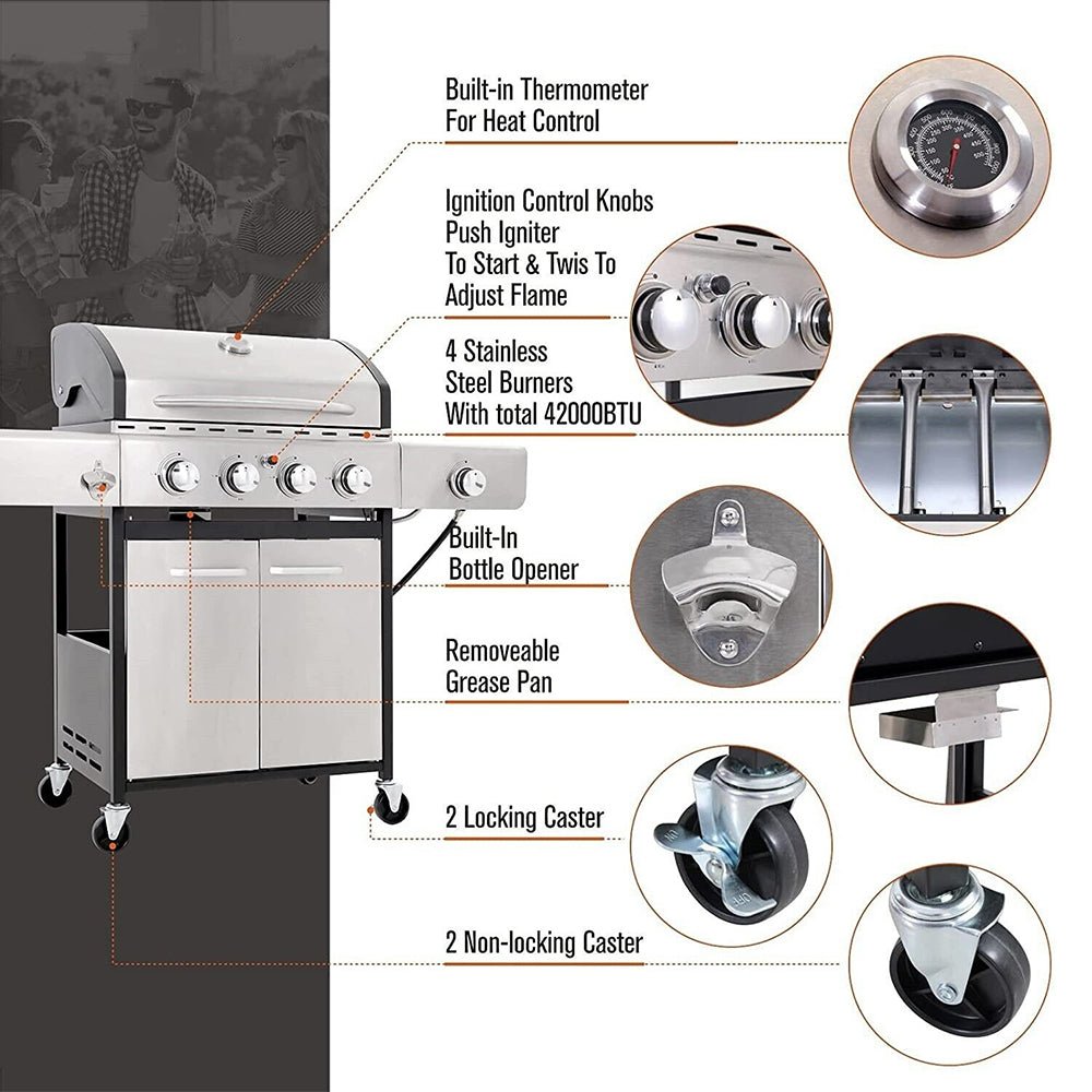 Large Outdoor BBQ Stainless Steel Propane Gas Grill With 4 Burners, 42K BTU (93564712) -Zoom Parts View