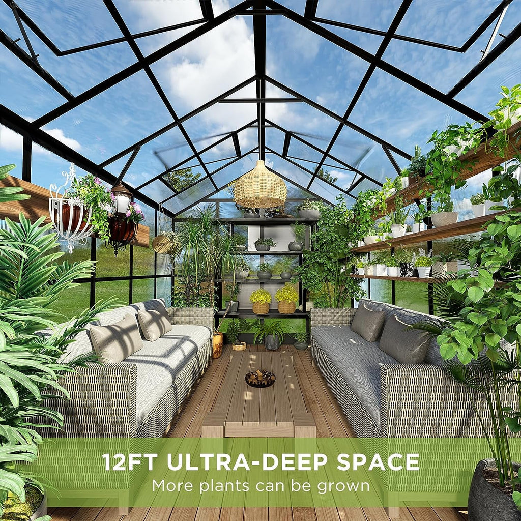 Large Premium Outdoor Aluminum Polycarbonate Greenhouse With Double Swing Doors, 12x8x7.5FT (92641573) - Demonstration View