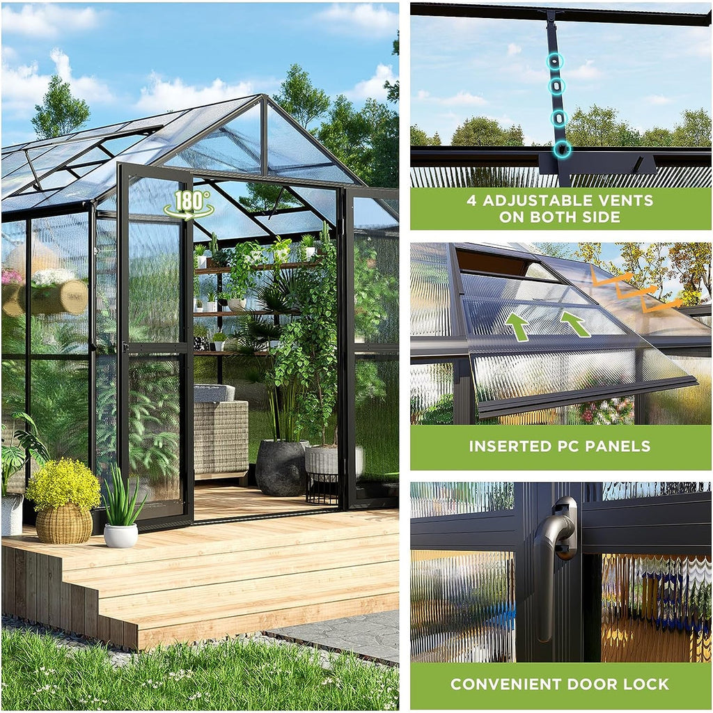 Large Premium Outdoor Aluminum Polycarbonate Greenhouse With Double Swing Doors, 12x8x7.5FT (92641573) - Zoom Parts View