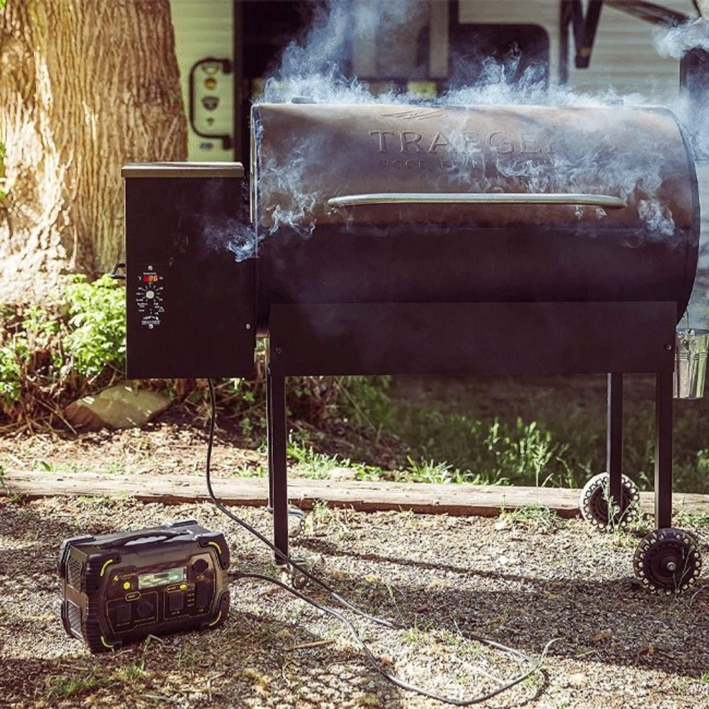 LION ENERGY Safari LT 500W/450WH Portable Solar Powered Generator - Lifestyle Connected To Pellet Grill