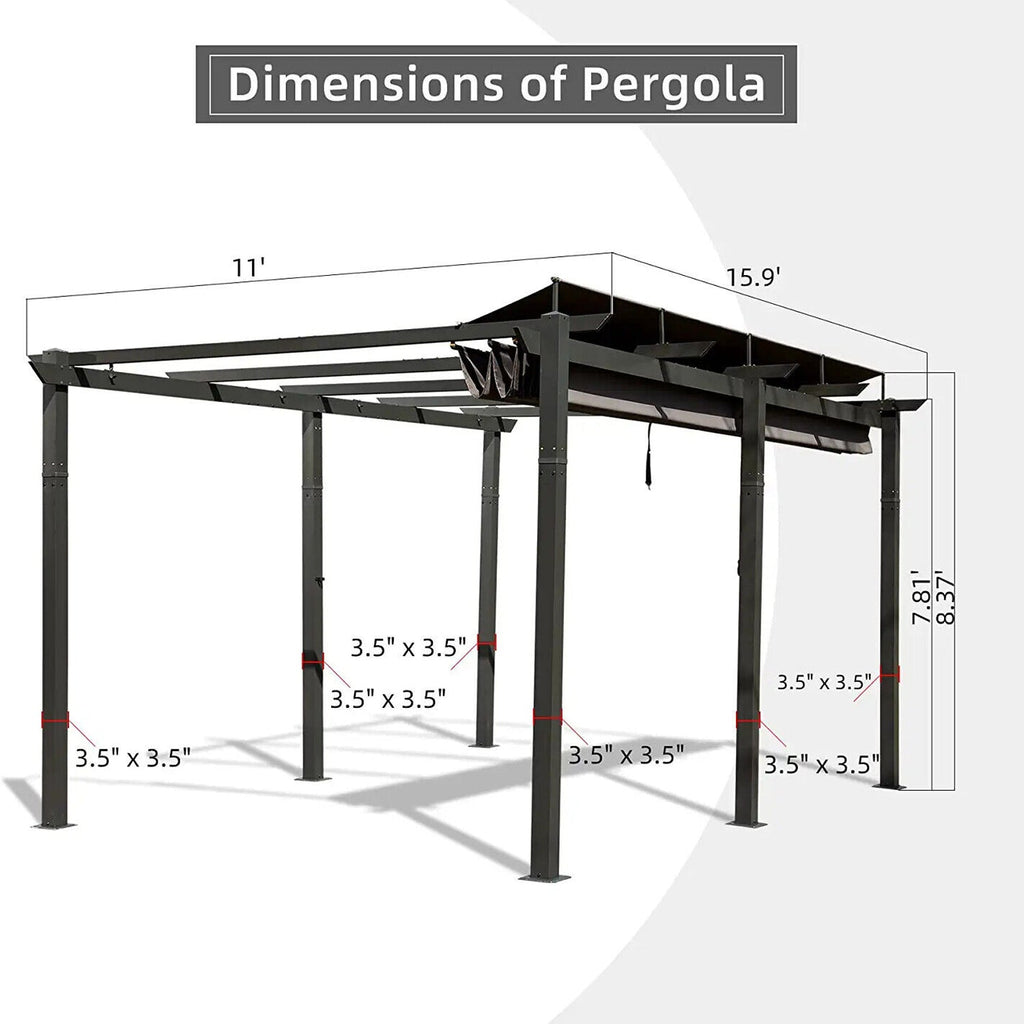 Outdoor Retractable Backyard Aluminum Metal Pergola Gazebo With Roof, (11x16)' (97516804) - Zoom Parts View