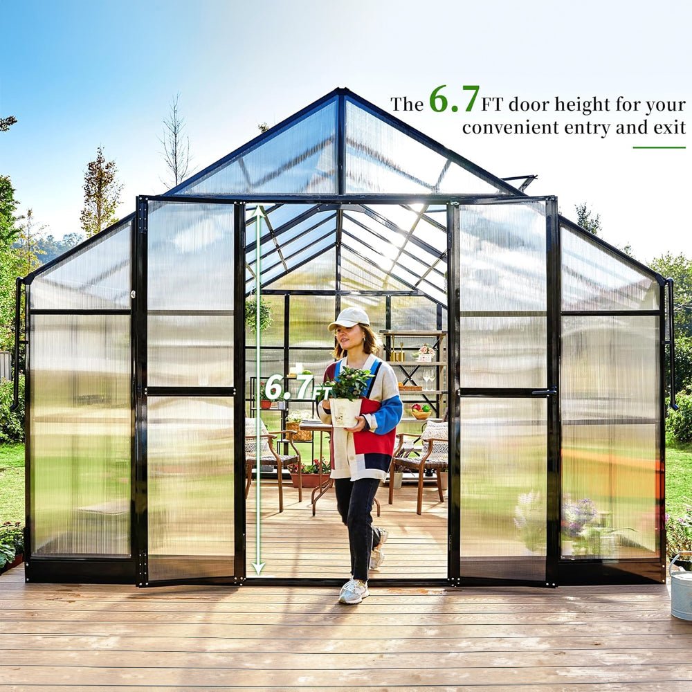 Premium Large Outdoor Double Door Aluminum Polycarbonate Greenhouse With Quick Connect Fitting, 12x13.5x9FT (96243175) - SAKSBY.com - Greenhouses - SAKSBY.com
