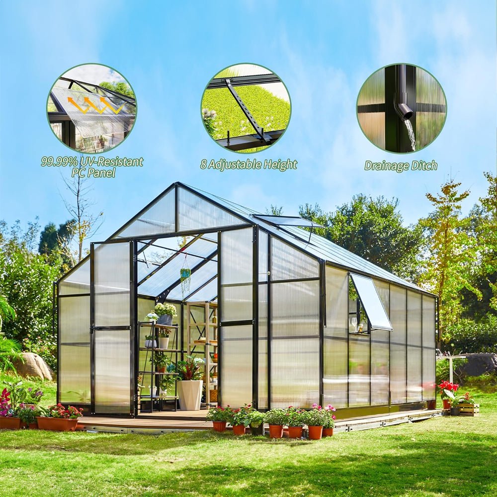 Premium Large Outdoor Double Door Aluminum Polycarbonate Greenhouse With Quick Connect Fitting, 12x13.5x9FT (96243175) - SAKSBY.com - Greenhouses - SAKSBY.com
