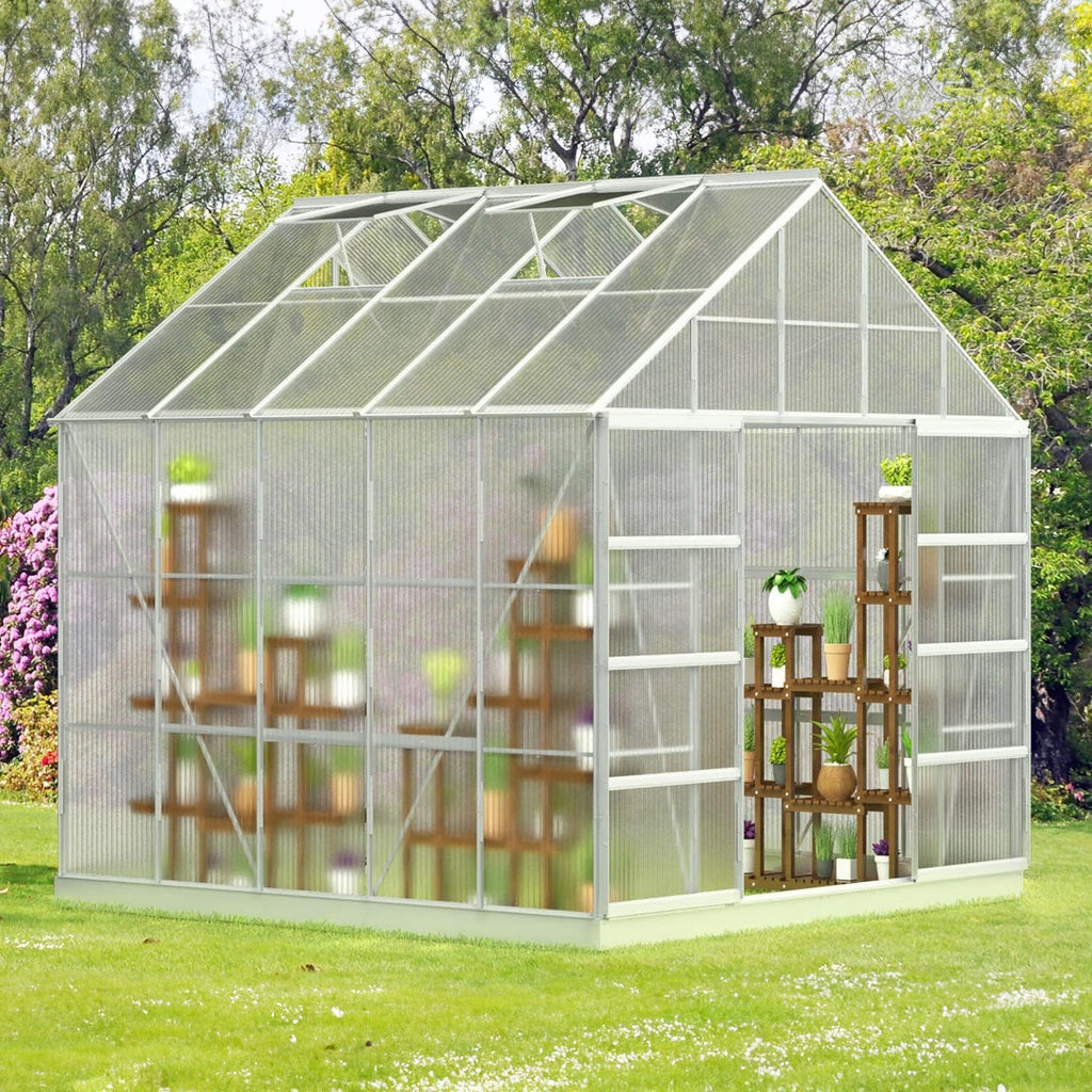 Premium Outdoor Aluminum Walk-In Greenhouse With Polycarbonate Panels & Sliding Doors, Side View