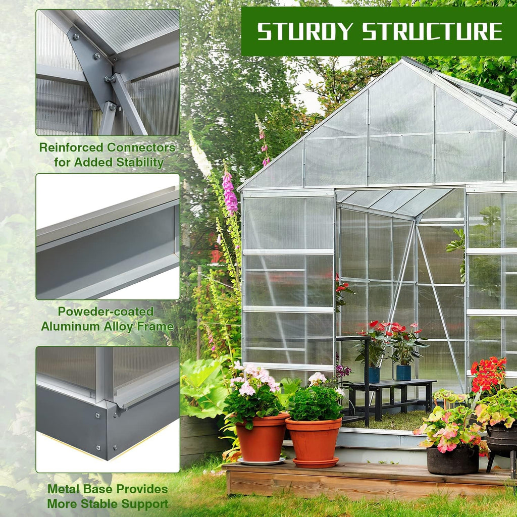 Premium Outdoor Aluminum Walk-In Greenhouse With Polycarbonate Panels & Sliding Doors, Zoom Parts View