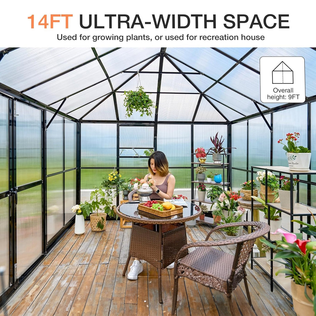 Premium Outdoor Polycarbonate Greenhouse With Aluminum Frame And Double Swing Doors, 14x10x9FT (93841752) -Demonstration View