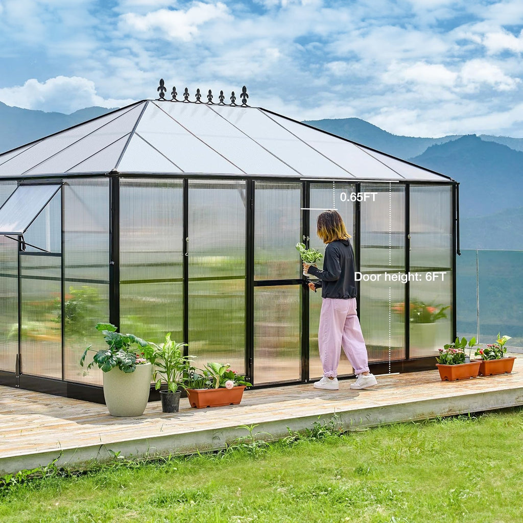 Premium Outdoor Polycarbonate Greenhouse With Aluminum Frame And Double Swing Doors, 14x10x9FT (93841752) -Demonstration View