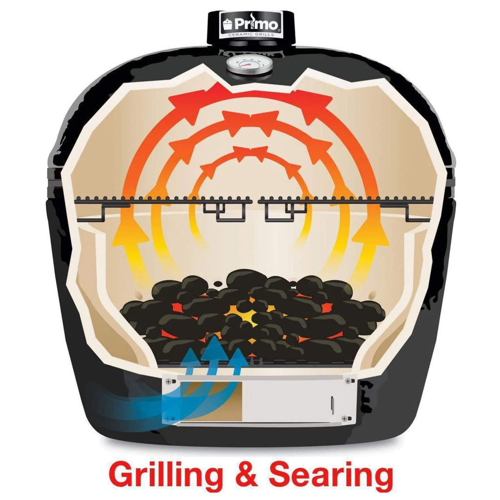 PRIMO All-In-One Oval Large 300 Ceramic Kamado Grill W/ Cradle, Side Shelves & Stainless Steel Grates -) Specifications View