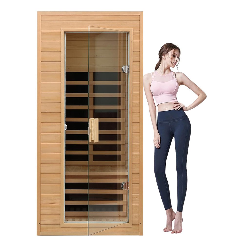 Single-Person Indoor Low EMF FAR Infrared Heat Hemlock Wood Personal Home Spa Sauna, 1200W (91827463) - Front View