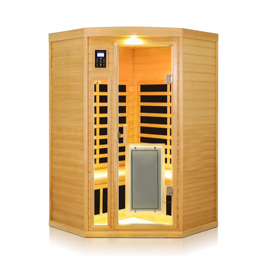 Two-Person Corner Space Infrared Wooden Sauna Room With Bluetooth Speakers, 1600W (SAK81524)- Saksby Wholesale - Front View