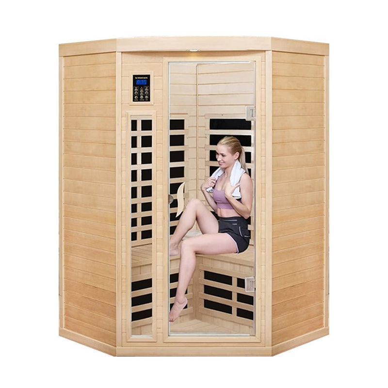 Two-Person Corner Space Infrared Wooden Sauna Room With Bluetooth Speakers, 1600W (97381524) - Demonstration View