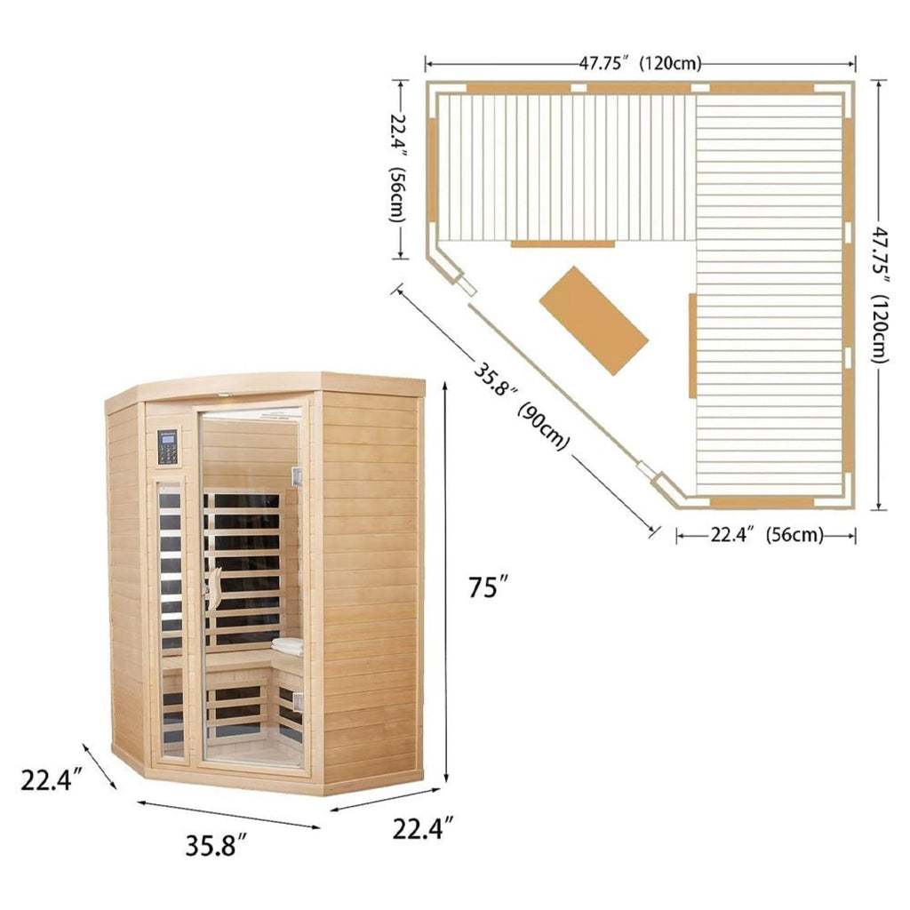 Two-Person Corner Space Infrared Wooden Sauna Room With Bluetooth Speakers, 1600W (SAK81524)- Saksby Wholesale - Dimensions View