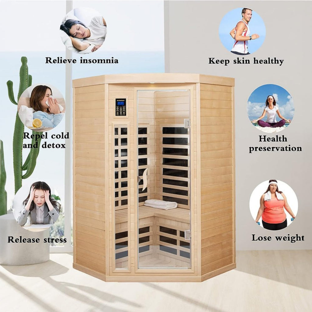Two-Person Corner Space Infrared Wooden Sauna Room With Bluetooth Speakers, 1600W (SAK81524)- Saksby Wholesale - Sauna Features View