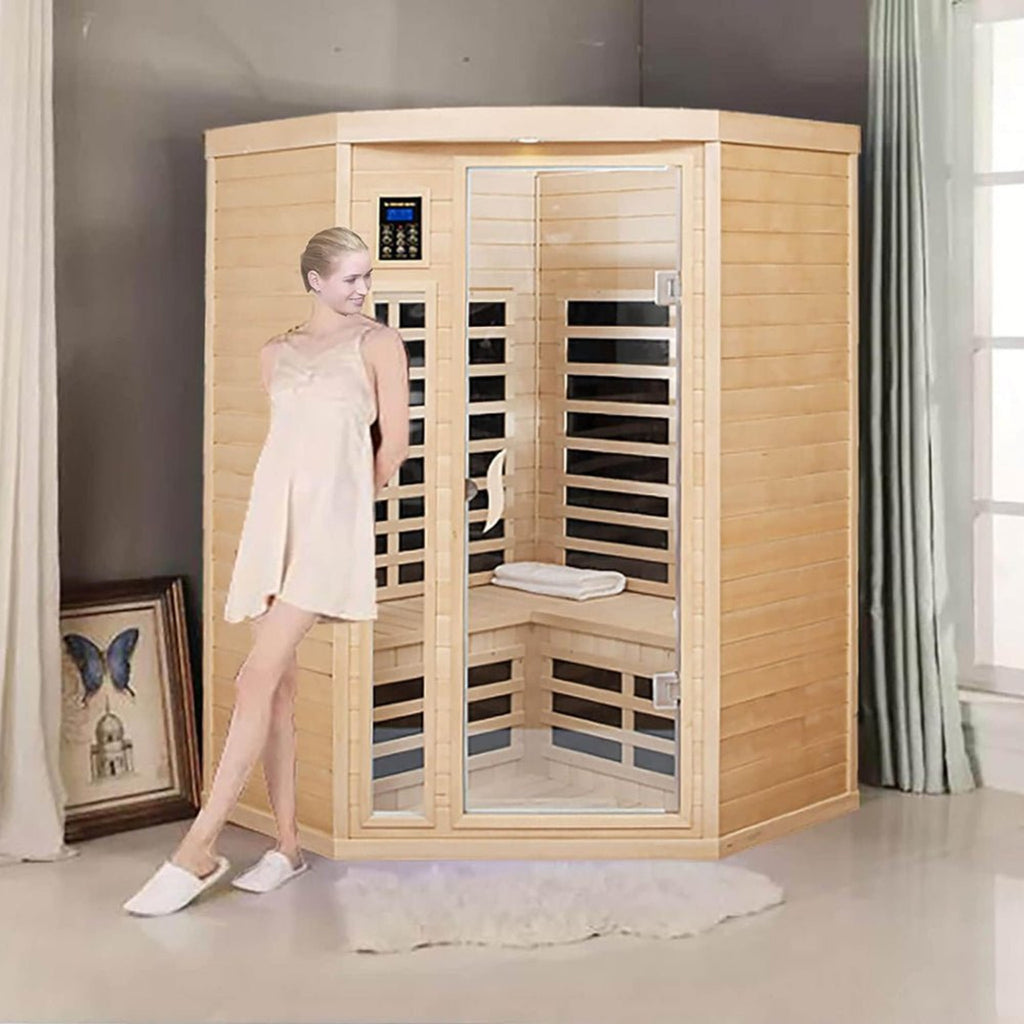 Two-Person Corner Space Infrared Wooden Sauna Room With Bluetooth Speakers, 1600W (SAK81524)- Saksby Wholesale - Lifestyle View