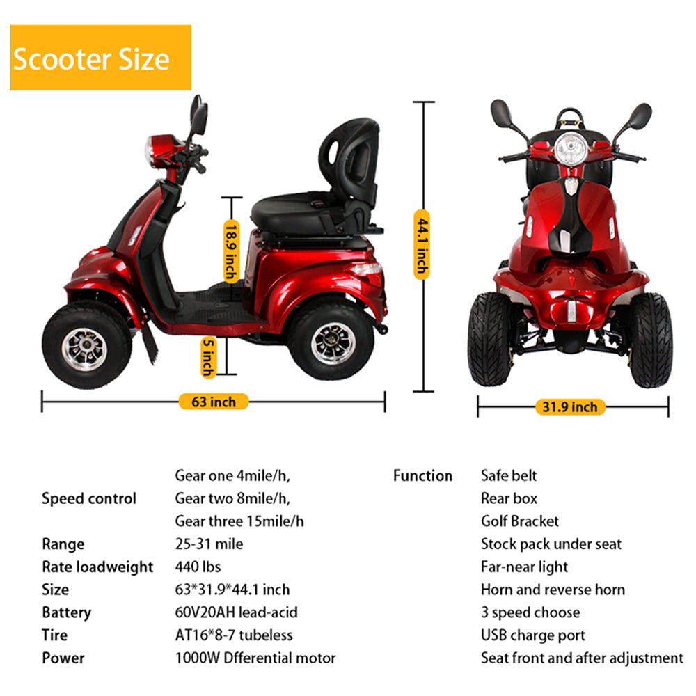 ZVG 4-Wheel 60V/20AH Electric Golf Senior Travel Mobility Scooter For Adults, 400LBS (91582627) - Detail View