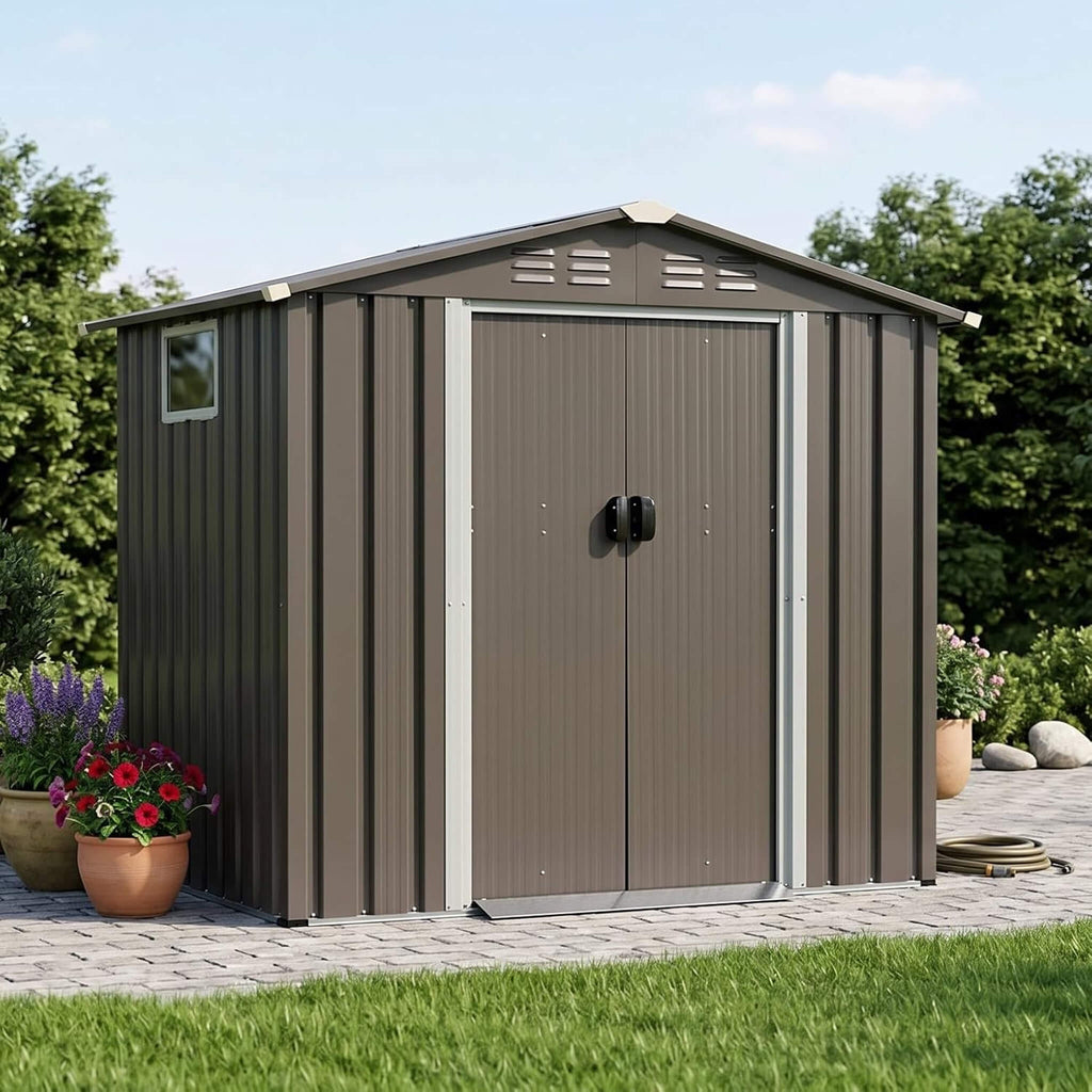 [04X06FT] Outdoor Galvanized Metal Storage Shed With Sliding Door (SAK96472) - Saksby Wholesale - Lifestyle Front Right View With Door Closed