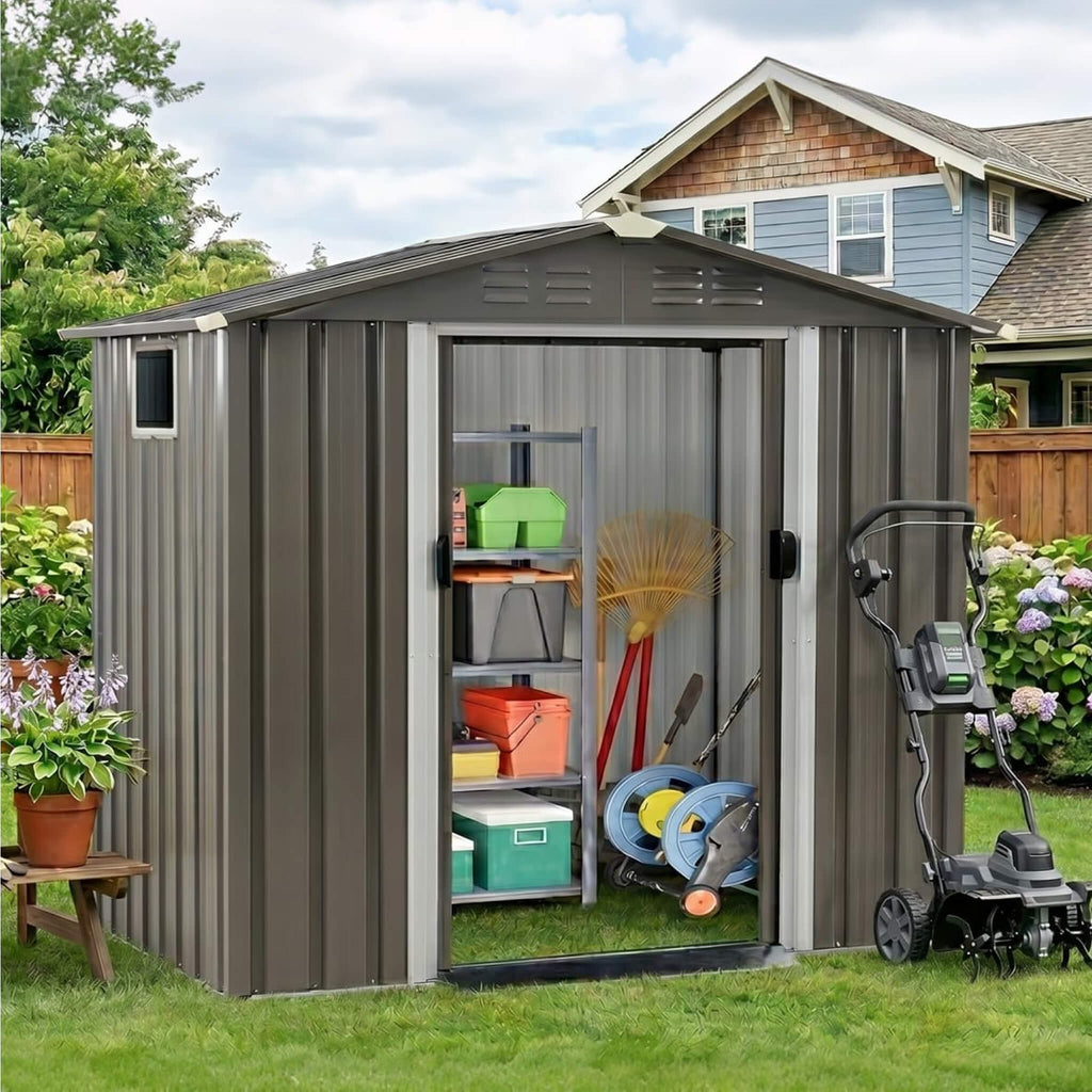 [04X06FT] Outdoor Galvanized Metal Storage Shed With Sliding Door (SAK96472) - Saksby Wholesale - Lifestyle Front Right View With Doors Opened