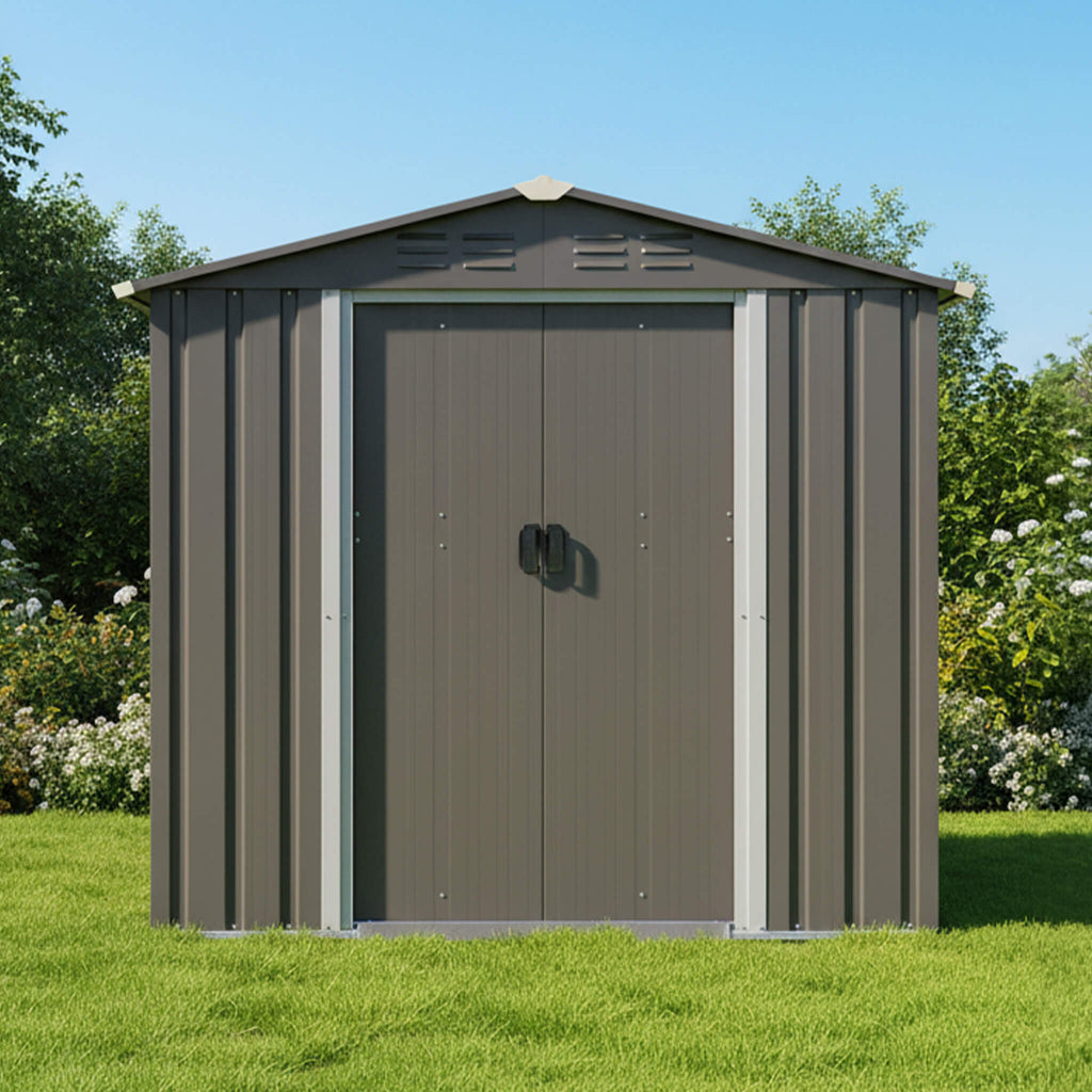 [04X06FT] Outdoor Galvanized Metal Storage Shed With Sliding Door (SAK96472) - Saksby Wholesale - Lifestyle Front View On Yard