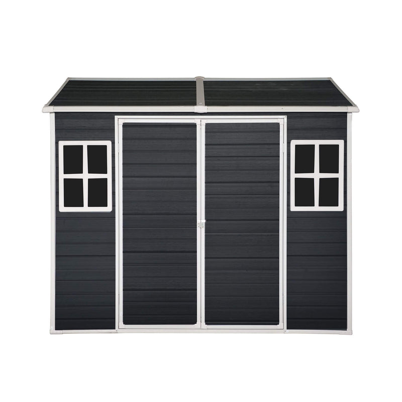 [06x08FT] Outdoor Resin Patio Garden Shed With Floor, 2 Windows, And Lockable Doors (SAK54953) - Saksby Wholesale - Front View