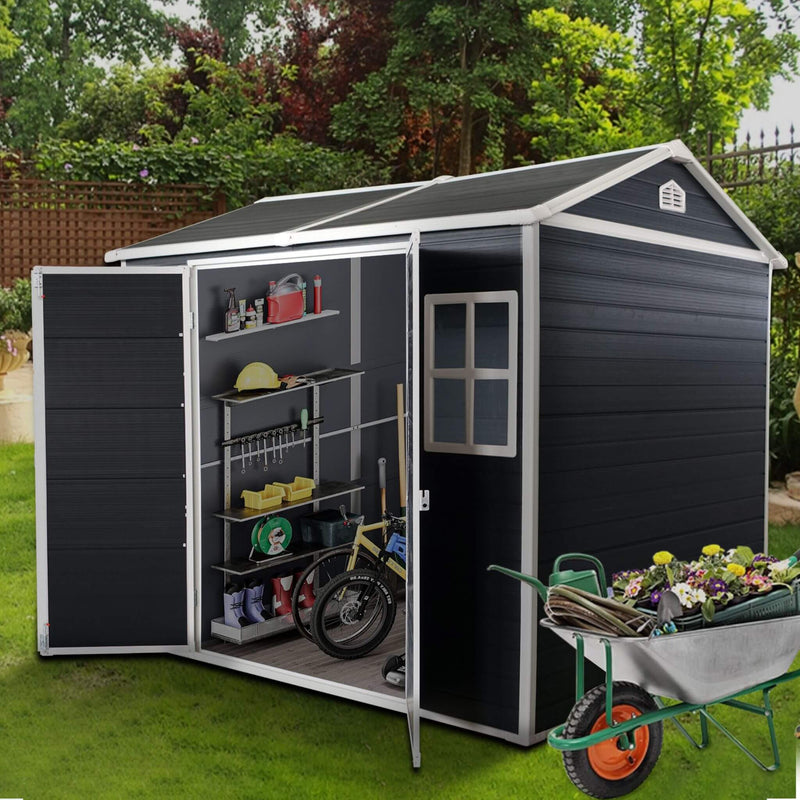 [06x08FT] Outdoor Resin Patio Garden Shed With Floor, 2 Windows, And Lockable Doors (SAK54953) - Saksby Wholesale - Open Doors Side View