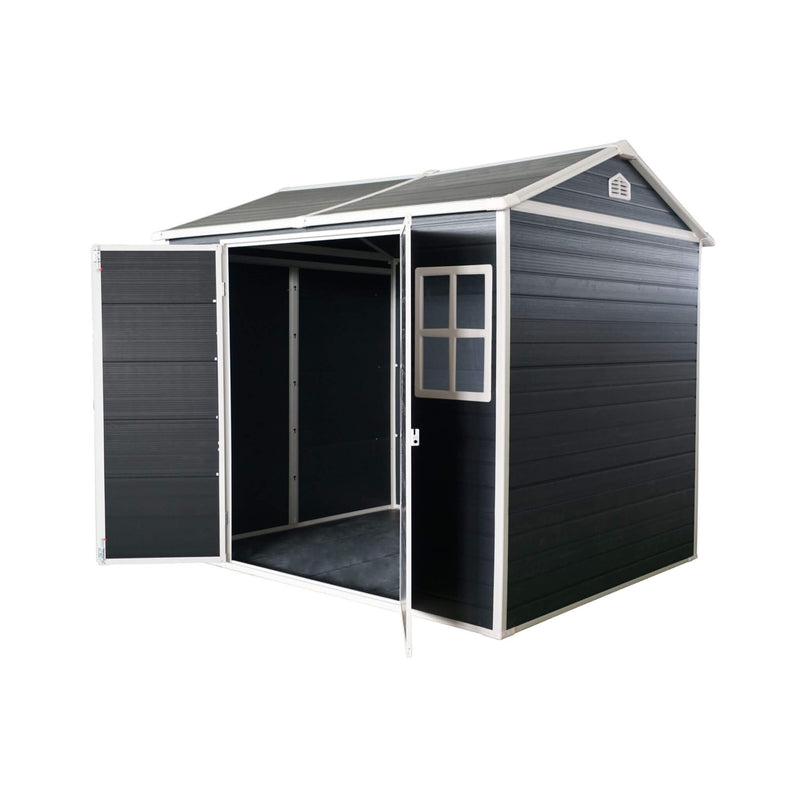 [06x08FT] Outdoor Resin Patio Garden Shed With Floor, 2 Windows, And Lockable Doors (SAK54953) - Saksby Wholesale - Open Doors White Background